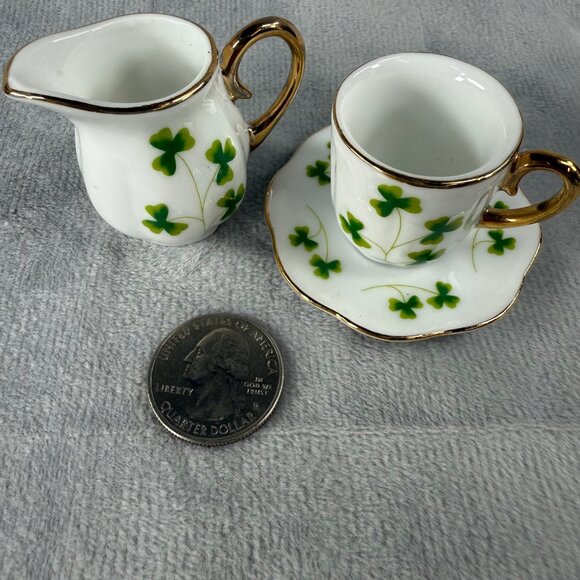 Shamrock Clover Pattern MINIATURE Creamer Cup & Saucer Set Gold Tone Trim - Picture 13 of 16